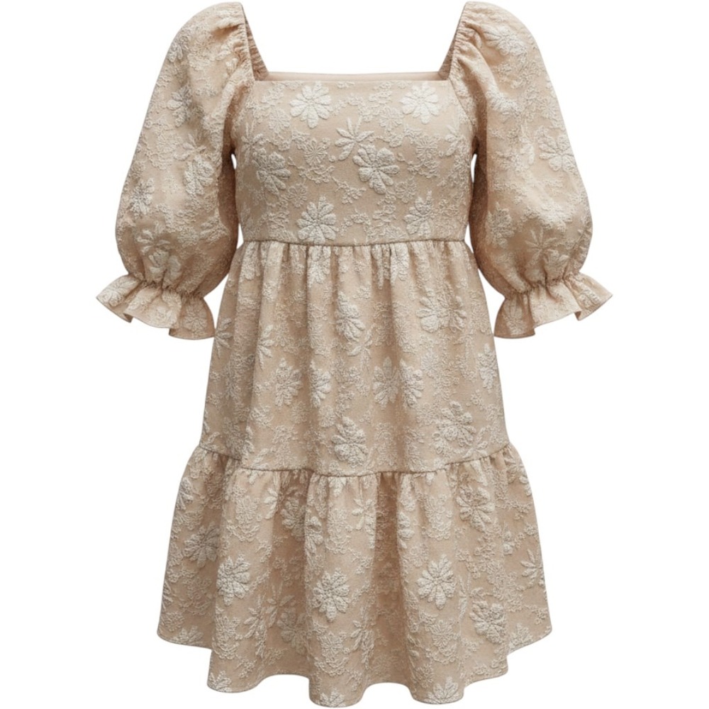 Entro Beige Floral Jacquard Puff Sleeve Babydoll Tiered Mini Dress Medium Y2K